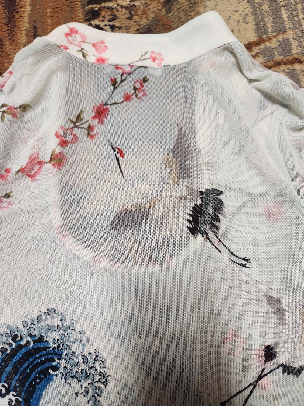 Forever 21 White Long Sleeve Top with Blue Wave & Pink Floral Print - Picture 6 of 7